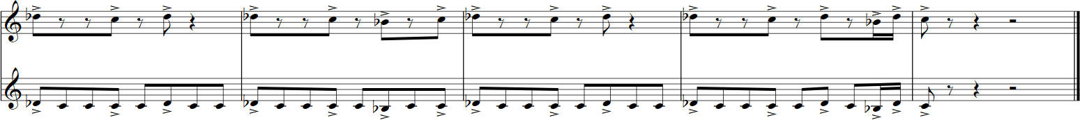 Musical notation demonstrating a rhythm phrase from Big Bang Orchestra Capricorn, featuring sheet music with treble and bass clefs, quarter notes, eighth notes, rests, and accent marks across multiple measures.