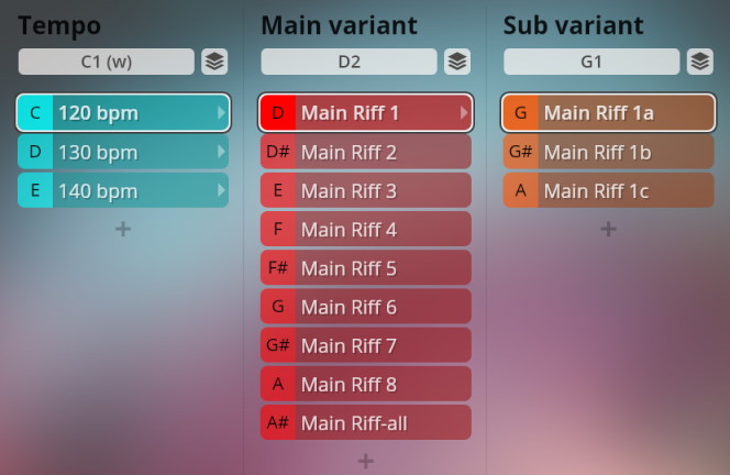 User interface displaying Vienna Symphonic Library Synchron Instruments tempo 120, 130, 140 bpm, main riff variants 1-8, and sub-riff variants 1a-1c for music production.
