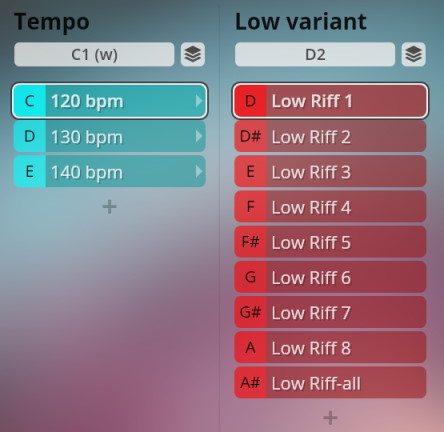 User interface showing Tempo settings with 120 bpm selected and a Low variant section with Low Riff 1 selected, relevant for Vienna Symphonic Library Synchron Instruments.