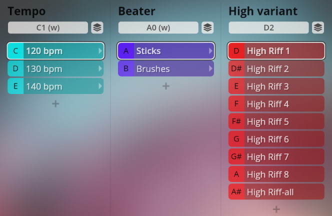Big Bang Orchestra Eridanus virtual instrument interface displaying tempo, beater type, and high variant riff selection options.