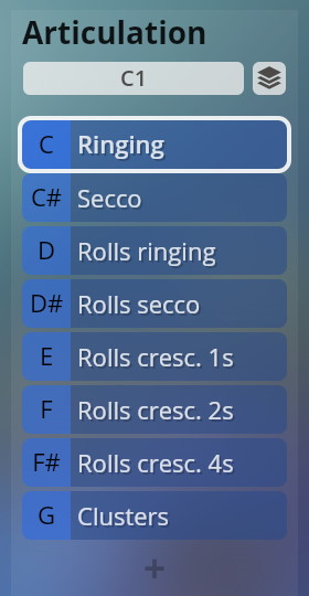 Musical instrument articulation selection menu including options like Ringing, Secco, Rolls, Crescendo, and Clusters from Vienna Symphonic Library Synchron Instruments Big Bang Orchestra Fornax.