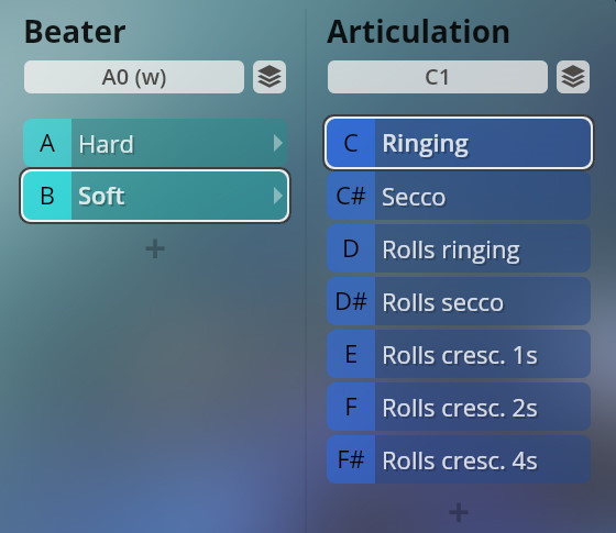 User interface showing beater type selections Soft or Hard and articulation options including Ringing and Secco for Vienna Symphonic Library Synchron Instruments Big Bang Orchestra sound design.