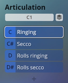 User interface showing musical articulation options: C1, C Ringing, C# Secco, D Rolls ringing, D# Rolls secco, for Vienna Symphonic Library Synchron Instruments.