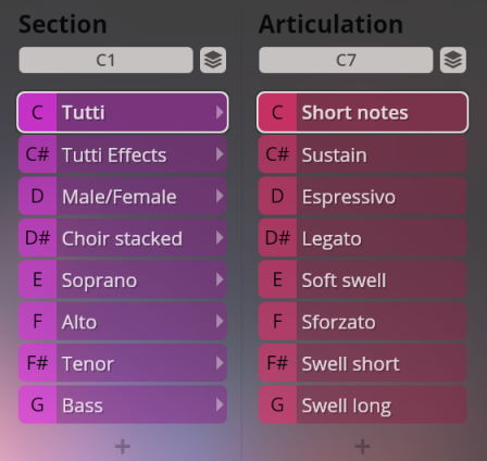Vienna Symphonic Library Big Bang Orchestra Ganymede user interface showing Section (Tutti, Male/Female, Soprano, Alto, Tenor, Bass) and Articulation (Short notes, Sustain, Espressivo, Legato, Sforzato, Swell) options for a virtual instrument.