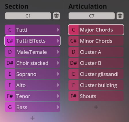Vienna Symphonic Library Synchron Instruments interface displaying musical sections and articulations, including Tutti Effects, Male/Female Choir, Soprano, Alto, Tenor, Bass, Major Chords, Minor Chords, and Cluster types.