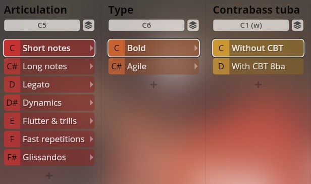 Vienna Symphonic Library Synchron Instruments interface showing articulation, type, and contrabass tuba settings like short notes, bold, legato, dynamics, and glissandos.