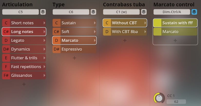 Vienna Symphonic Library Big Bang Orchestra Hercules interface showing articulation, type, contrabass tuba, and marcato control options including long notes, marcato, and sustain with fff.