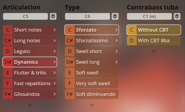 Vienna Symphonic Library Synchron Instruments Big Bang Orchestra user interface showing Articulation, Type, and Contrabass tuba settings with selectable musical expressions like Dynamics, Sforzato, and CBT options.