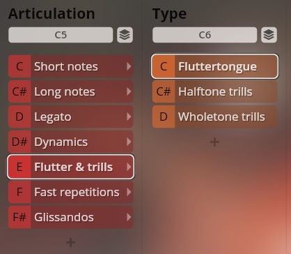 User interface showing musical articulations and types, including short notes, long notes, legato, dynamics, flutter & trills, fast repetitions, glissandos, fluttertongue, halftone trills, and wholetone trills for Vienna Symphonic Library Synchron Instruments.