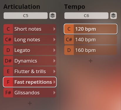 User interface displaying articulation and tempo options for a Vienna Symphonic Library Synchron Instrument, including Fast repetitions and 120 bpm settings.