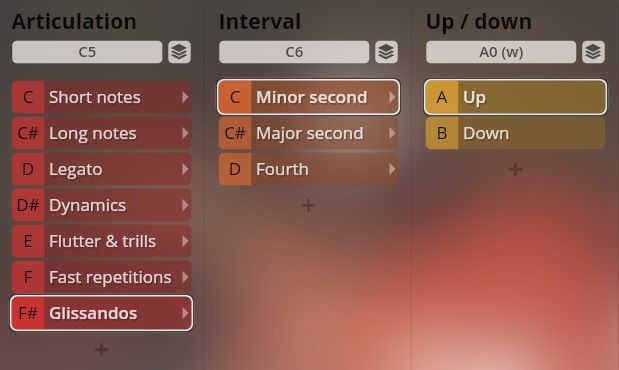 Vienna Symphonic Library Synchron Instruments interface showing articulation, interval, and up/down settings for music production, with Glissandos selected in the Articulation column and Minor second selected in the Interval column.