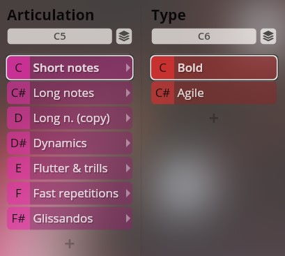 User interface showing music articulation and type selection options like short notes, dynamics, long notes, bold, and agile for Vienna Symphonic Library Synchron Instruments.