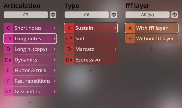 Vienna Symphonic Library Big Bang Orchestra Izar sound patches interface showing articulation, type, and fff layer options for musical performance, highlighting Long notes and Sustain selections.