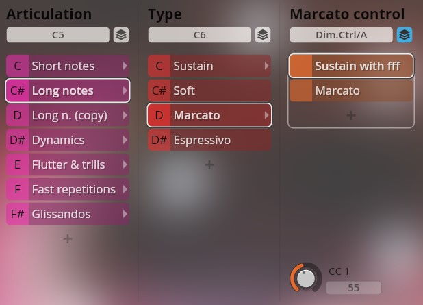 Vienna Symphonic Library Synchron Instruments interface showing articulation, type, and Marcato control settings. Articulation options include long notes, short notes, dynamics, flutter and trills, fast repetitions, and glissandos. Type options include sustain, soft, Marcato, and espressivo. Marcato control options are sustain with fff and Marcato, with a CC1 (55) dial.