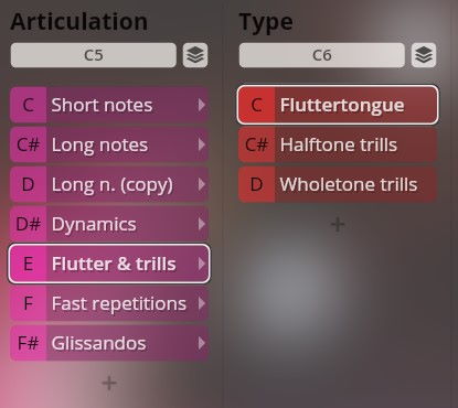 Vienna Symphonic Library Big Bang Orchestra Izar articulation and type options, showing C5 for articulation with Flutter & trills selected, and C6 for type with Fluttertongue highlighted.