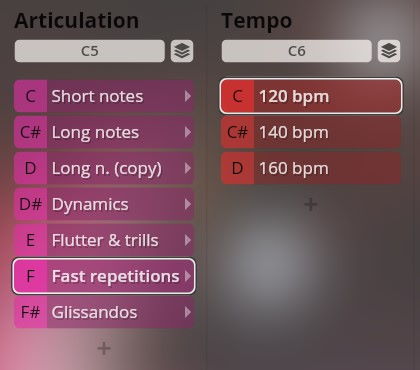Big Bang Orchestra Izar virtual instrument articulation and tempo controls, showing options like short notes, fast repetitions, and BPM settings.
