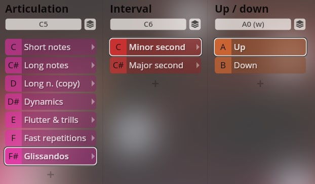 Screenshot of the Vienna Symphonic Library Synchron Instruments interface showing articulation, interval, and up/down controls with options like Short notes, Glissandos, Minor second, and Up/Down.
