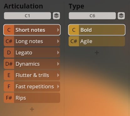 Vienna Symphonic Library Synchron Instruments interface showing Articulation and Type options including short notes, long notes, legato, dynamics, flutter, trills, fast repetitions, rips, bold, and agile for Big Bang Orchestra production.