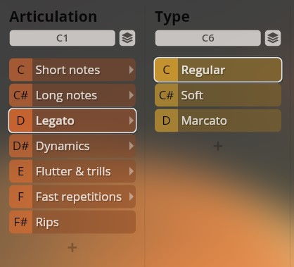 Vienna Symphonic Library Synchron Instruments interface showing Articulation (Legato selected) and Type (Regular selected) options for Big Bang Orchestra production.