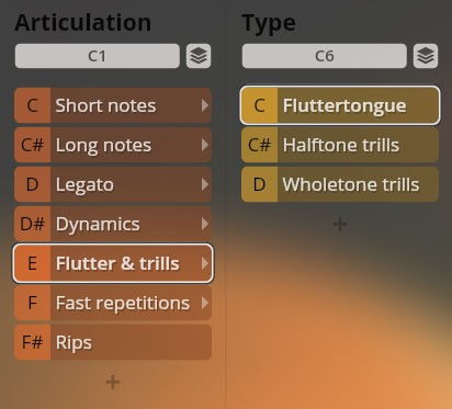 User interface displaying articulation and type options for musical instruments, including Flutter & trills and Fluttertongue, from Vienna Symphonic Library's Synchron Instruments.