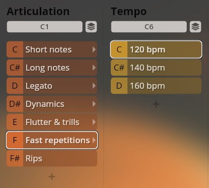 Vienna Symphonic Library Synchron Instruments interface showcasing settings for articulation types like Fast repetitions and tempo options with BPM values.