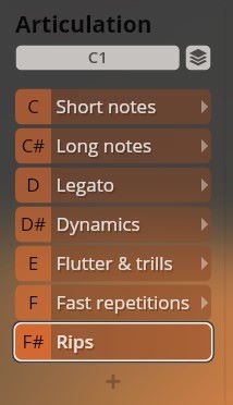 Vienna Symphonic Library Jupiter Synchron Instruments articulation menu showing musical performance types like short notes, long notes, legato, dynamics, flutter, trills, fast repetitions, and rips for sound production.