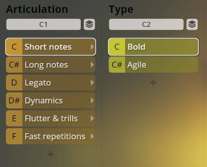 Screenshot of the Vienna Symphonic Library Synchron Instruments interface showing articulation and type options including Short notes, Long notes, Legato, Dynamics, Flutter & trills, Fast repetitions, Bold, and Agile.