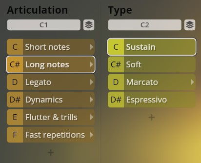 Vienna Symphonic Library Synchron Instruments interface showing Articulation and Type options including Long notes and Sustain for music production.
