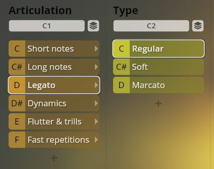 Vienna Symphonic Library Synchron Instruments interface showing Articulation and Type settings, with Legato and Regular selected, for Big Bang Orchestra Kopernikus.