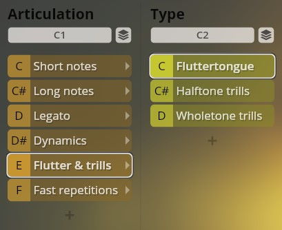 Vienna Symphonic Library Synchron Instruments interface showing Articulation and Type settings for Big Bang Orchestra. Articulation options include Short notes, Long notes, Legato, Dynamics, Flutter & trills, and Fast repetitions. Type options include Fluttertongue, Halftone trills, and Wholetone trills.