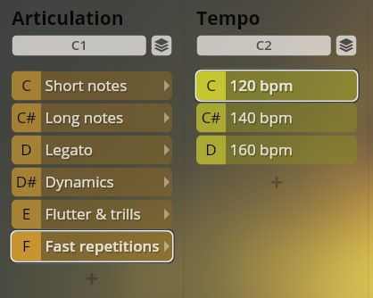 Vienna Symphonic Library Synchron Instruments interface showing Articulation and Tempo settings for Big Bang Orchestra Kopernikus, with options like short notes, long notes, legato, dynamics, flutter & trills, fast repetitions, and tempos including 120 bpm, 140 bpm, and 160 bpm.