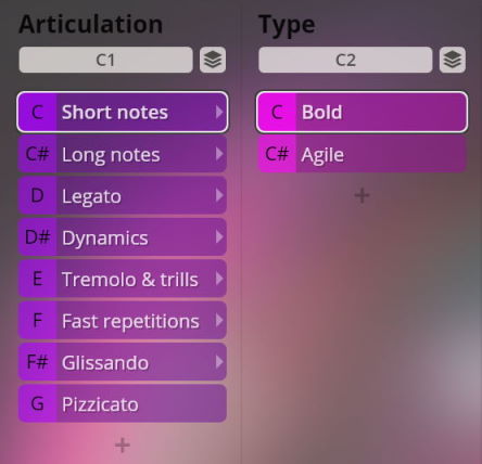 Vienna Symphonic Library Synchron Instruments interface showing articulation and type options like short notes, legato, tremolo, pizzicato, bold, and agile.