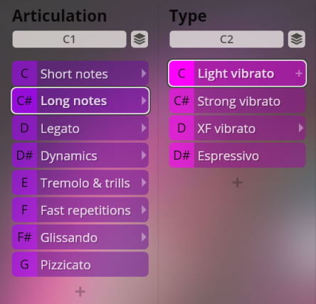 Vienna Symphonic Library Synchron Instruments interface showing Articulation and Type options including long notes, short notes, light vibrato, and strong vibrato.