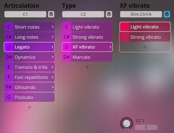 User interface for Big Bang Orchestra virtual instrument showing articulation, type, and XF vibrato parameters.