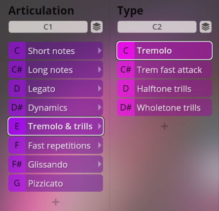 Vienna Symphonic Library software interface showing Articulation and Type options, including Tremolo & trills, for Big Bang Orchestra Synchron Instruments.