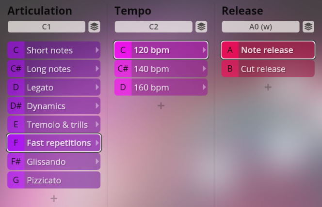Orchestral Big Bang Orchestra Musca Synchron Player user interface showing Articulation, Tempo, and Release settings with Fast repetitions selected.