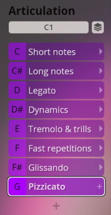 User interface for music articulation settings, showing options like Short notes, Long notes, Legato, Dynamics, Tremolo & trills, Fast repetitions, Glissando, and selected Pizzicato on a purple background.
