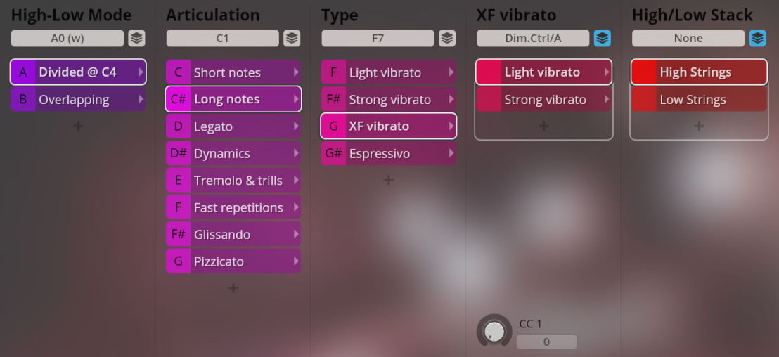 Vienna Symphonic Library Synchron Instruments interface showcasing settings for Big Bang Orchestra, including High-Low Mode, Articulation (Short notes, Long notes, Legato, Dynamics, Tremolo, Fast repetitions, Glissando, Pizzicato), Type (Light vibrato, Strong vibrato, XF vibrato, Espressivo), XF vibrato (Light vibrato, Strong vibrato), and High/Low Stack (High Strings, Low Strings).