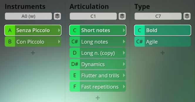 Vienna Symphonic Library software interface displaying options for Instruments, Articulations, and Types for Big Bang Orchestra: Neptune, showing selections for Senza Piccolo, Short notes, and Bold.