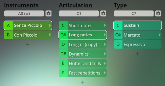 Vienna Symphonic Library Synchron Instruments interface showing selectable options for Instruments (Senza Piccolo, Con Piccolo), Articulation (Long notes, Dynamics, Flutter and trills, Fast repetitions), and Type (Sustain, Marcato, Espressivo) for Big Bang Orchestra Neptune.