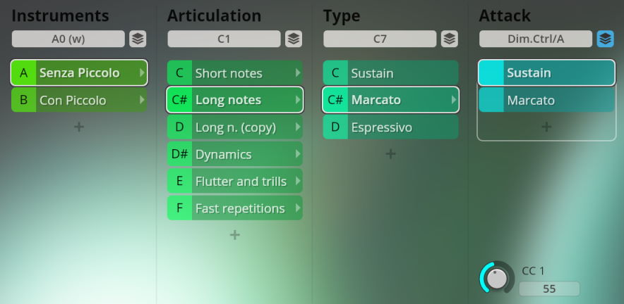 User interface of the Big Bang Orchestra: Neptune musical instrument software, showcasing selectable options for instruments, articulation, type, and attack.