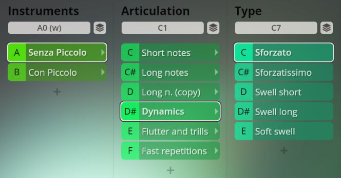 User interface displaying Vienna Symphonic Library Synchron Instruments settings for Big Bang Orchestra Neptune, showing Instrument, Articulation, and Type selections like Senza Piccolo, Dynamics, and Sforzato.