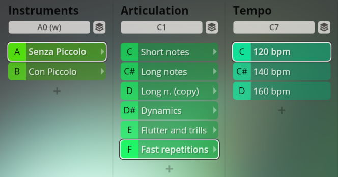 Vienna Symphonic Library Synchron Instruments interface showcasing options for instruments like Senza Piccolo, articulations such as short notes and fast repetitions, and tempos from 120 bpm to 160 bpm.