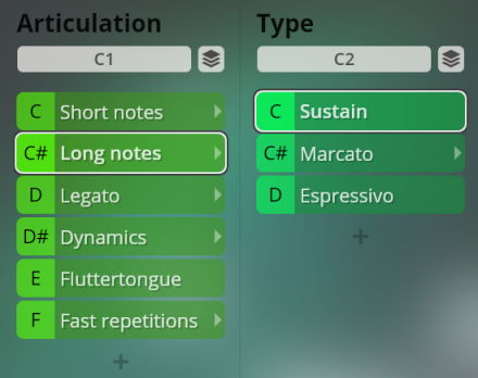 Vienna Symphonic Library Synchron Instruments Big Bang Orchestra user interface showing articulation and type options like long notes, sustain, legato, marcato