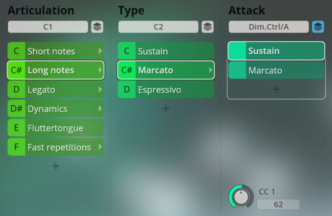 User interface for Big Bang Orchestra providing controls for articulation, type, and attack with options like long notes, marcato, and sustain.