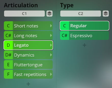 Screenshot of the Vienna Symphonic Library Synchron Instruments interface, displaying selectable musical articulations like Legato, Short notes, Dynamics, and Fluttertongue, alongside type options such as Regular and Espressivo for Big Bang Orchestra Orion.