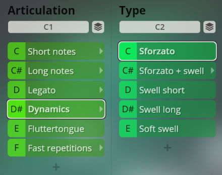 Vienna Symphonic Library Big Bang Orchestra Orion interface showing Articulation and Type options for instrument selection including Dynamics, Sforzato, and Swell variations.