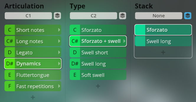 Big Bang Orchestra Orion interface showing articulation, type, and stack options for musical dynamics.