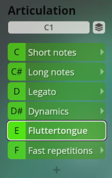 Big Bang Orchestra Orion articulation controls interface showing Fluttertongue selected, ideal for Vienna Symphonic Library music production.