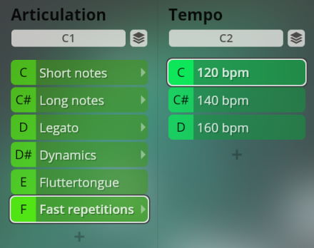 Vienna Symphonic Library Big Bang Orchestra Orion interface showing articulation and tempo options like short notes, long notes, legato, dynamics, fluttertongue, fast repetitions, and tempo settings at 120 bpm, 140 bpm, and 160 bpm for music production software.